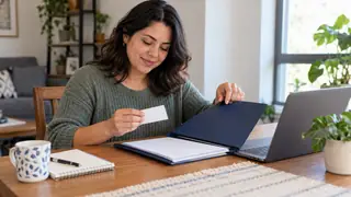 Escena ilustrativa de una mujer preparando una carpeta para una cita consular.