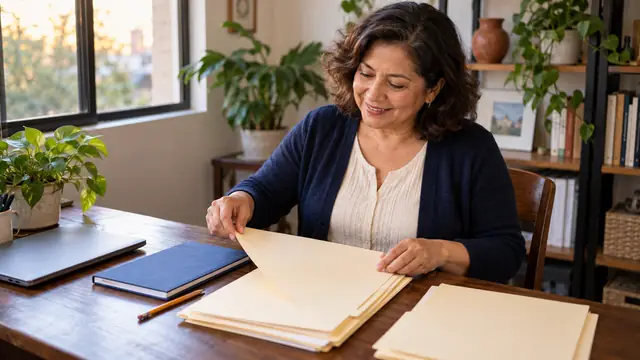 Escena ilustrativa de una mujer organizando documentos para solicitar un crédito de vivienda.