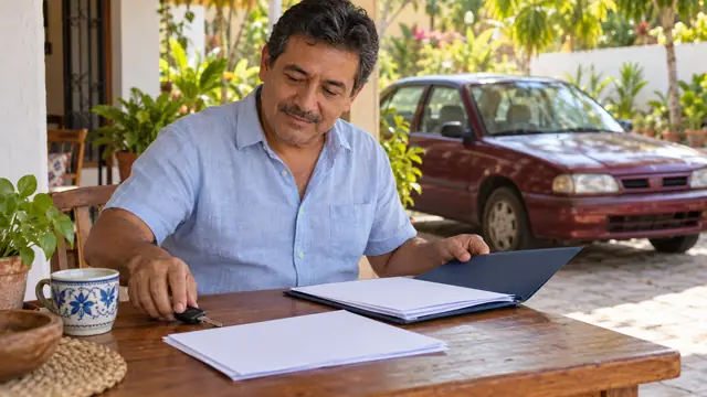 Persona organizando documentos de su vehículo en Guerrero, escena ilustrativa.