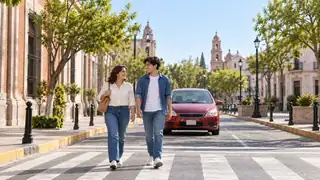 Dos peatones cruzando por un paso señalizado en una calle ilustrativa de Aguascalientes.