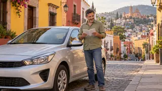 Conductor junto a un auto estacionado revisando una guía en una calle ilustrativa de Guanajuato.