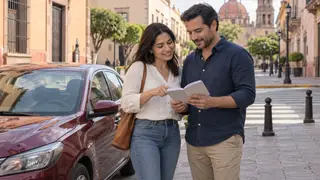 Pareja revisando una guía junto a un auto estacionado en una calle ilustrativa de Querétaro.