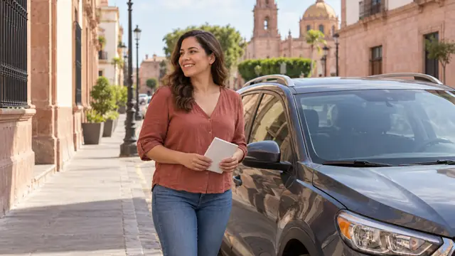 Conductora junto a un vehículo estacionado en una calle ilustrativa de San Luis Potosí.
