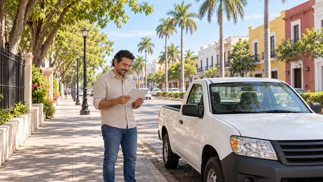 Conductor junto a una camioneta estacionada revisando una guía en una calle ilustrativa de Sinaloa.