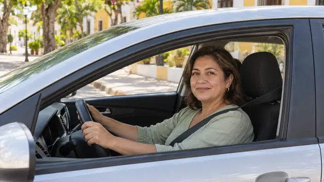 Conductora con cinturón en un auto estacionado en una calle ilustrativa de Yucatán.